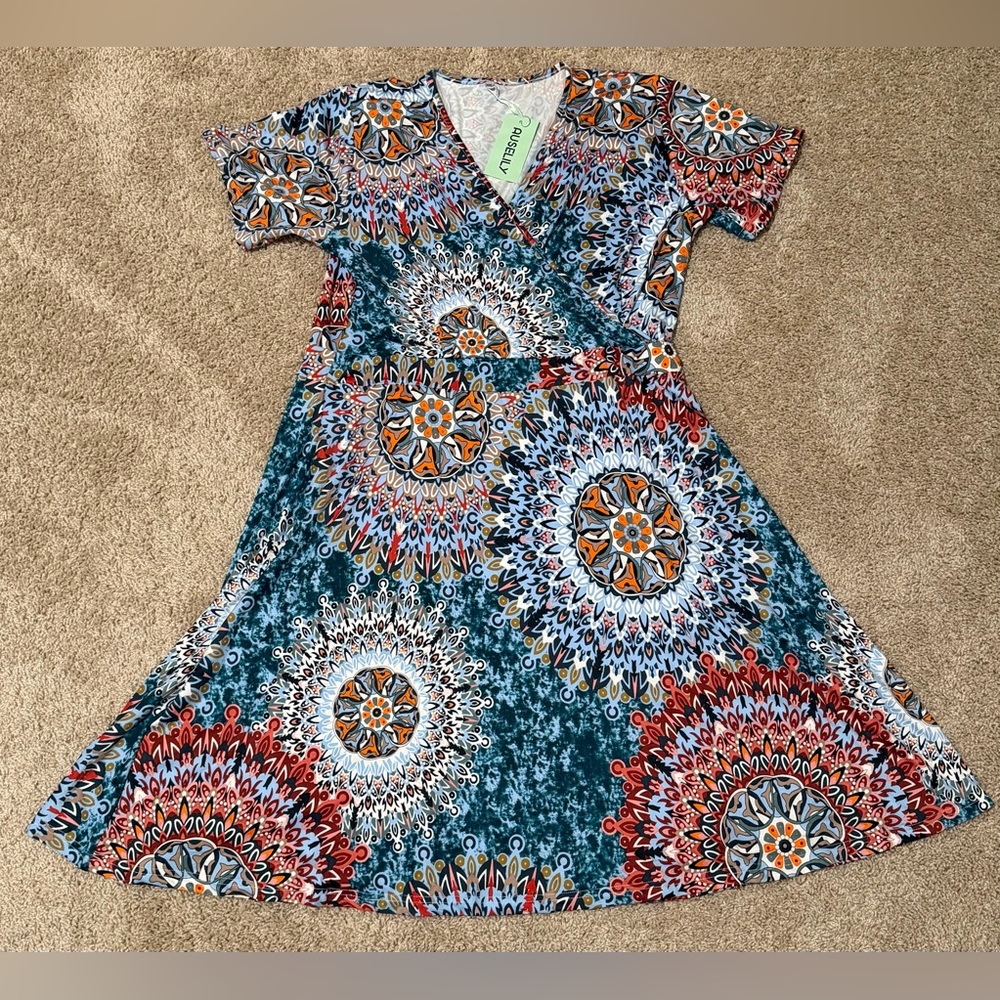 Auselily Women’s 2XL Stretch Sundress V Neck Multicolor Mock Wrap Top NWT